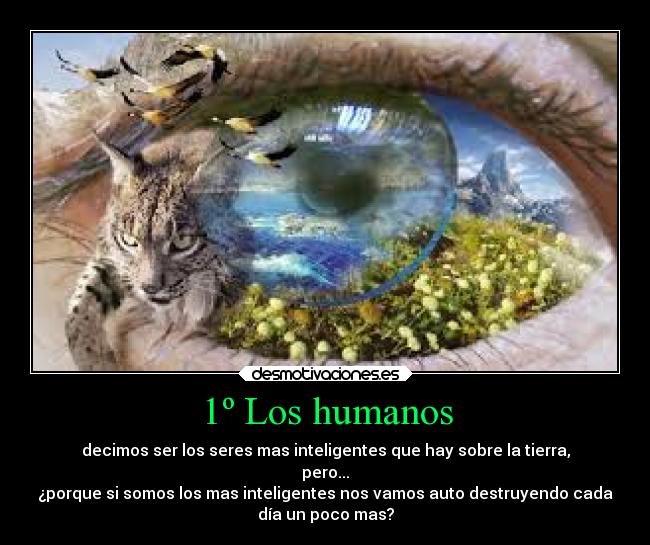 1º Los humanos - decimos ser los seres mas inteligentes que hay sobre la tierra,
pero...
¿porque si somos los mas inteligentes nos vamos auto destruyendo cada
día un poco mas?