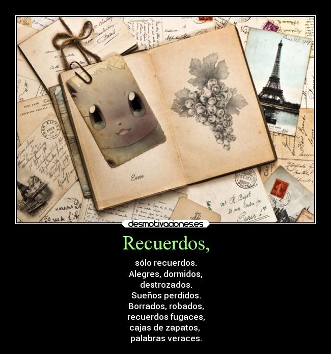 Recuerdos, - sólo recuerdos.
Alegres, dormidos,
destrozados.
Sueños perdidos.
Borrados, robados,
recuerdos fugaces,
cajas de zapatos,
palabras veraces.