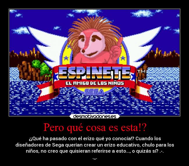 Pero qué cosa es esta!? - ¿¡Qué ha pasado con el erizo qué yo conocía!? Cuando los
diseñadores de Sega querían crear un erizo educativo, chulo para los
niños, no creo que quisieran referirse a esto..., o quizás sí? .-.
._.