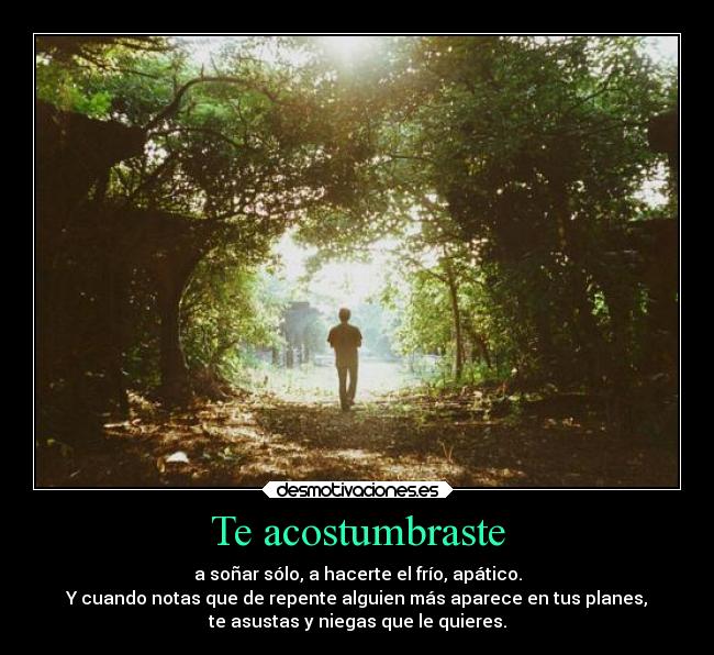 Te acostumbraste - a soñar sólo, a hacerte el frío, apático.
Y cuando notas que de repente alguien más aparece en tus planes,
te asustas y niegas que le quieres.