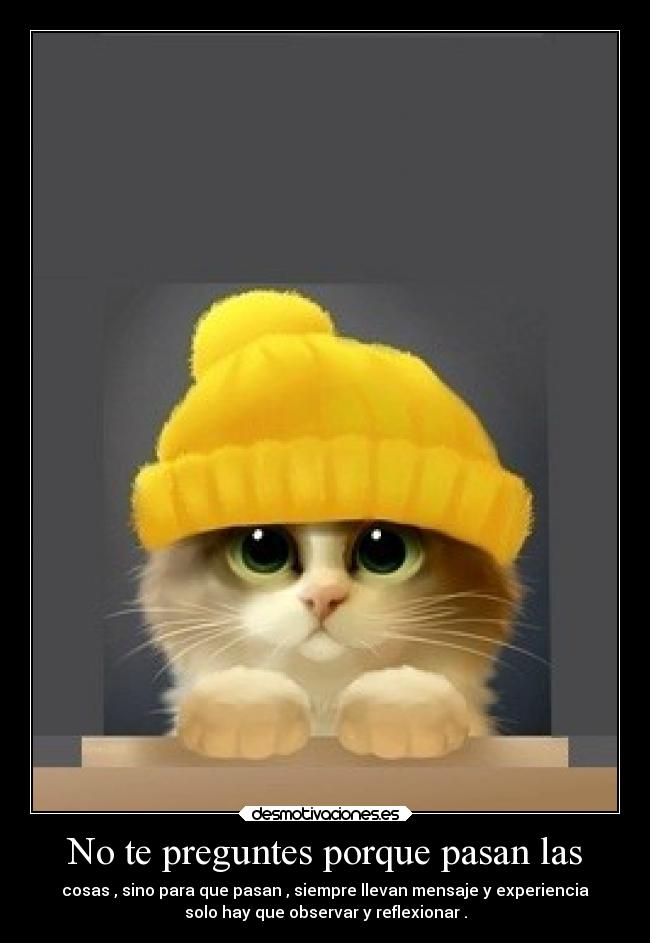 No te preguntes porque pasan las - cosas , sino para que pasan , siempre llevan mensaje y experiencia
solo hay que observar y reflexionar .