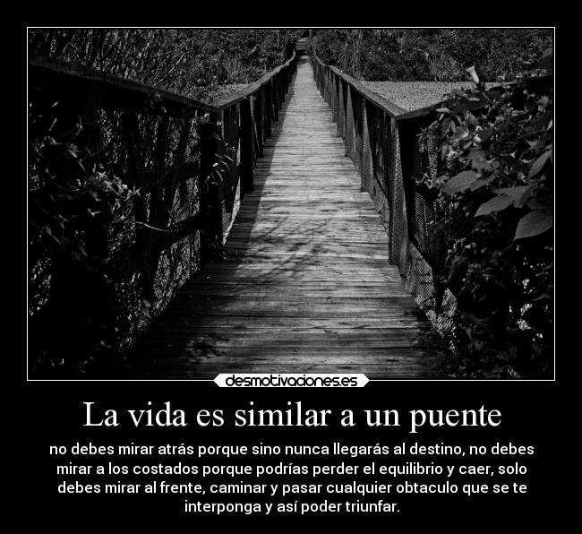 La vida es similar a un puente - no debes mirar atrás porque sino nunca llegarás al destino, no debes
mirar a los costados porque podrías perder el equilibrio y caer, solo
debes mirar al frente, caminar y pasar cualquier obtaculo que se te
interponga y así poder triunfar.