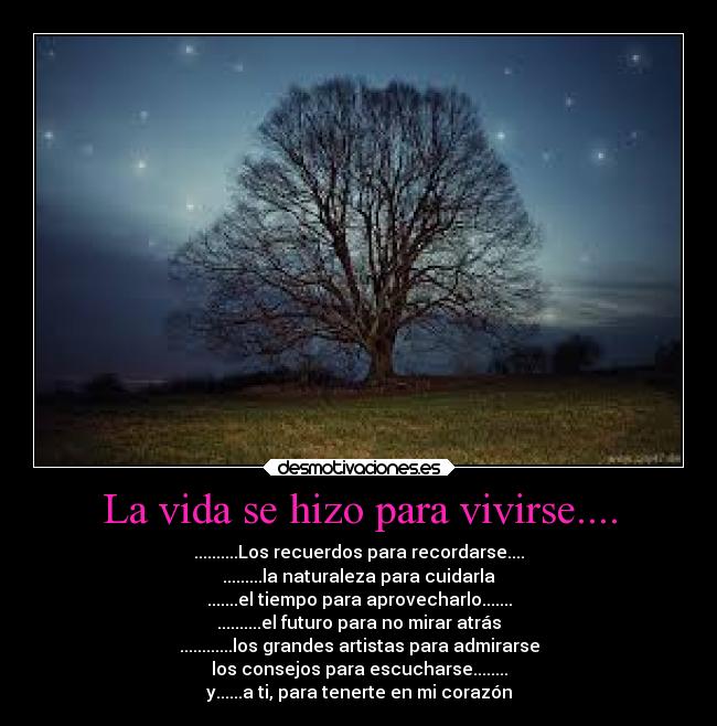 La vida se hizo para vivirse.... - ..........Los recuerdos para recordarse....
.........la naturaleza para cuidarla
.......el tiempo para aprovecharlo.......
..........el futuro para no mirar atrás
............los grandes artistas para admirarse
los consejos para escucharse........
y......a ti, para tenerte en mi corazón