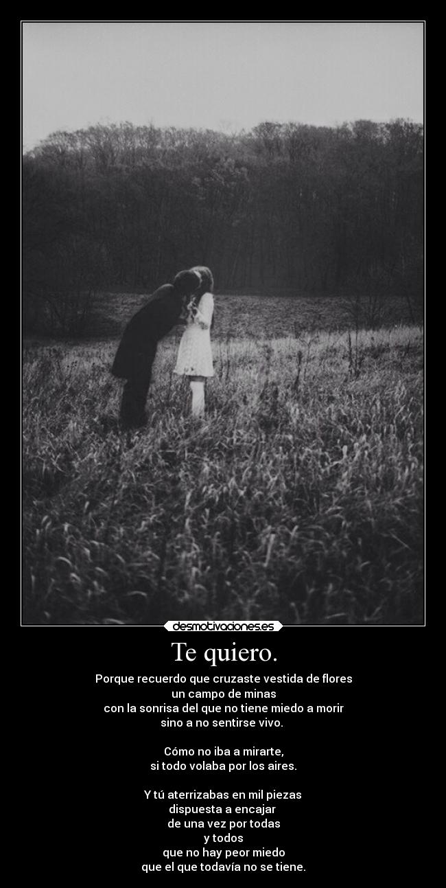 Te quiero. - Porque recuerdo que cruzaste vestida de flores
un campo de minas
con la sonrisa del que no tiene miedo a morir
sino a no sentirse vivo.
Cómo no iba a mirarte,
si todo volaba por los aires.
Y tú aterrizabas en mil piezas
dispuesta a encajar
de una vez por todas
y todos
que no hay peor miedo
que el que todavía no se tiene.