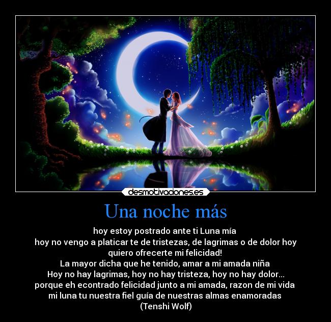 Una noche más - hoy estoy postrado ante ti Luna mía 
hoy no vengo a platicar te de tristezas, de lagrimas o de dolor hoy
quiero ofrecerte mi felicidad! 
La mayor dicha que he tenido, amar a mi amada niña 
Hoy no hay lagrimas, hoy no hay tristeza, hoy no hay dolor...
porque eh econtrado felicidad junto a mi amada, razon de mi vida 
mi luna tu nuestra fiel guía de nuestras almas enamoradas 
(Tenshi Wolf)