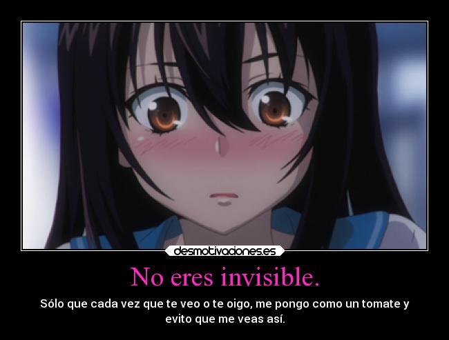 No eres invisible. - Sólo que cada vez que te veo o te oigo, me pongo como un tomate y
evito que me veas así.