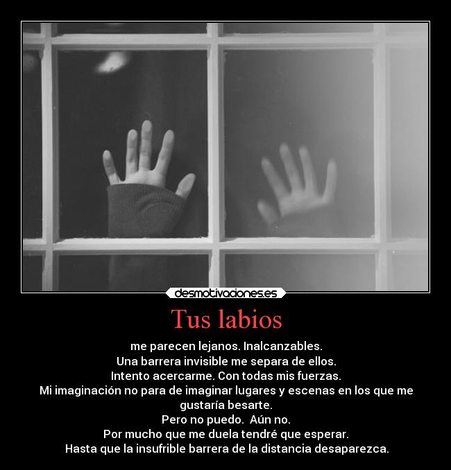 Tus labios - me parecen lejanos. Inalcanzables.
Una barrera invisible me separa de ellos.
Intento acercarme. Con todas mis fuerzas.
Mi imaginación no para de imaginar lugares y escenas en los que me
gustaría besarte.
Pero no puedo. Aún no.
Por mucho que me duela tendré que esperar.
Hasta que la insufrible barrera de la distancia desaparezca.