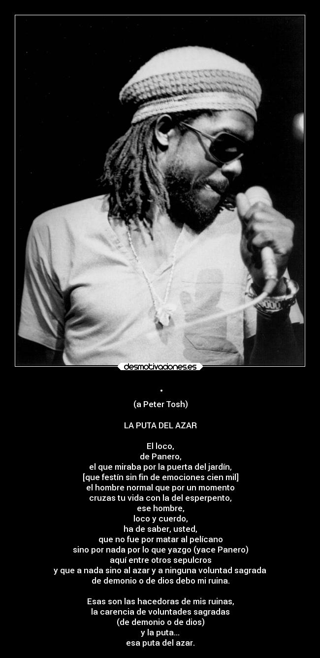 . - (a Peter Tosh)

LA PUTA DEL AZAR

El loco,
de Panero,
el que miraba por la puerta del jardín,
[que festín sin fin de emociones cien mil]
el hombre normal que por un momento
cruzas tu vida con la del esperpento,
ese hombre,
loco y cuerdo,
ha de saber, usted,
que no fue por matar al pelícano
sino por nada por lo que yazgo (yace Panero)
aquí entre otros sepulcros
y que a nada sino al azar y a ninguna voluntad sagrada
de demonio o de dios debo mi ruina.

Esas son las hacedoras de mis ruinas,
la carencia de voluntades sagradas
(de demonio o de dios)
y la puta...
esa puta del azar.
