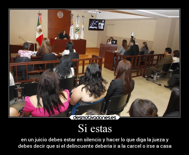 Si estas - en un juicio debes estar en silencio y hacer lo que diga la jueza y
debes decir que si el delincuente deberia ir a la carcel o irse a casa