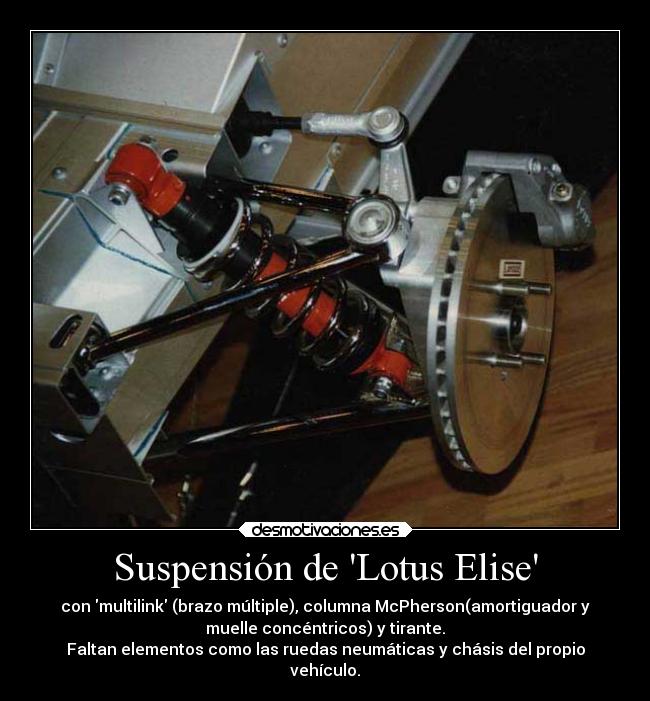 Suspensión de Lotus Elise - con multilink (brazo múltiple), columna McPherson(amortiguador y
muelle concéntricos) y tirante.
Faltan elementos como las ruedas neumáticas y chásis del propio
vehículo.