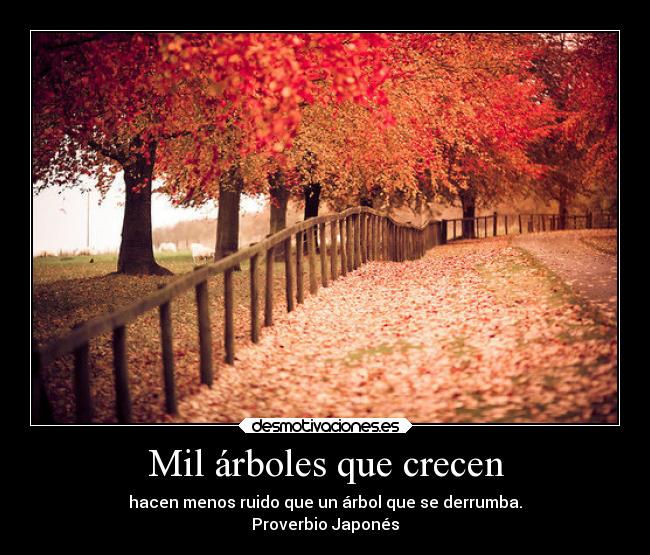 Mil árboles que crecen - hacen menos ruido que un árbol que se derrumba.
Proverbio Japonés