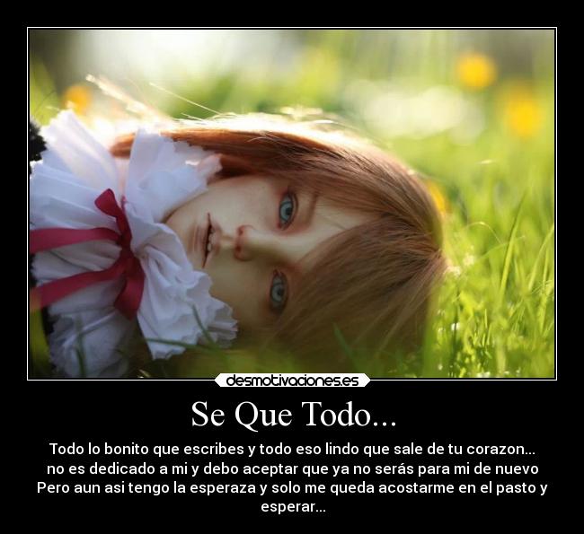 Se Que Todo... - Todo lo bonito que escribes y todo eso lindo que sale de tu corazon...
no es dedicado a mi y debo aceptar que ya no serás para mi de nuevo
Pero aun asi tengo la esperaza y solo me queda acostarme en el pasto y
esperar...