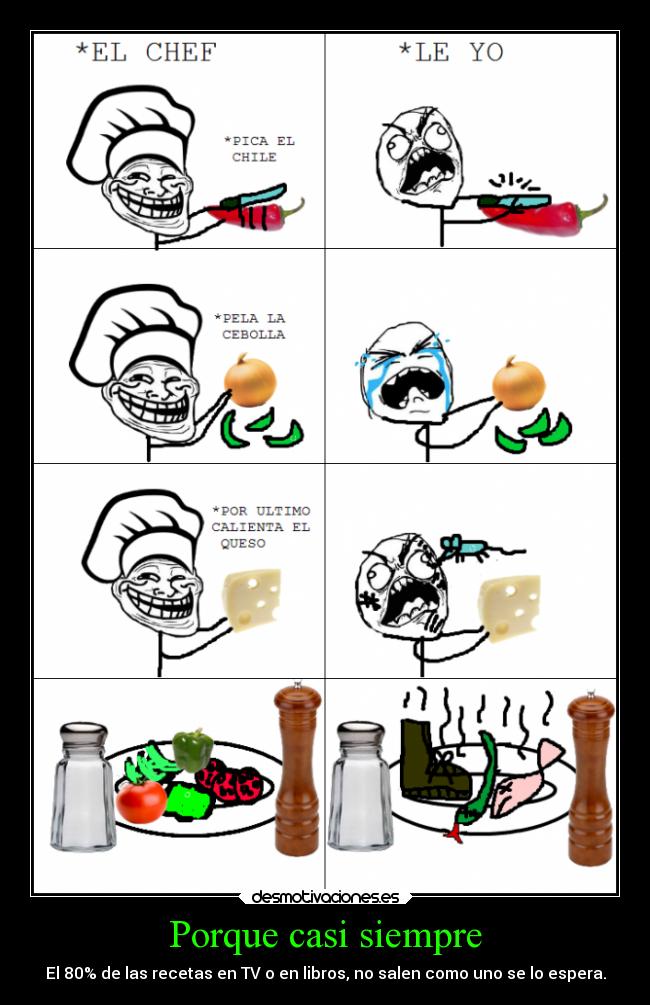 Porque casi siempre - El 80% de las recetas en TV o en libros, no salen como uno se lo espera.