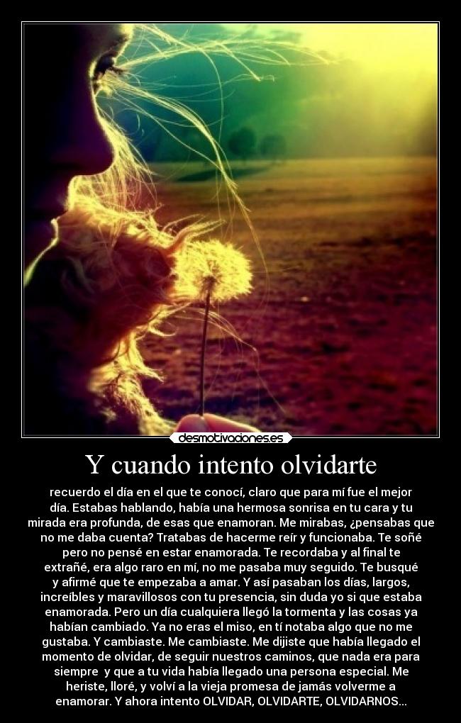 Y cuando intento olvidarte - recuerdo el día en el que te conocí, claro que para mí fue el mejor
día. Estabas hablando, había una hermosa sonrisa en tu cara y tu
mirada era profunda, de esas que enamoran. Me mirabas, ¿pensabas que
no me daba cuenta? Tratabas de hacerme reír y funcionaba. Te soñé
pero no pensé en estar enamorada. Te recordaba y al final te
extrañé, era algo raro en mí, no me pasaba muy seguido. Te busqué
y afirmé que te empezaba a amar. Y así pasaban los días, largos,
increíbles y maravillosos con tu presencia, sin duda yo si que estaba
enamorada. Pero un día cualquiera llegó la tormenta y las cosas ya
habían cambiado. Ya no eras el miso, en tí notaba algo que no me
gustaba. Y cambiaste. Me cambiaste. Me dijiste que había llegado el
momento de olvidar, de seguir nuestros caminos, que nada era para
siempre  y que a tu vida había llegado una persona especial. Me
heriste, lloré, y volví a la vieja promesa de jamás volverme a
enamorar. Y ahora intento OLVIDAR, OLVIDARTE, OLVIDARNOS...