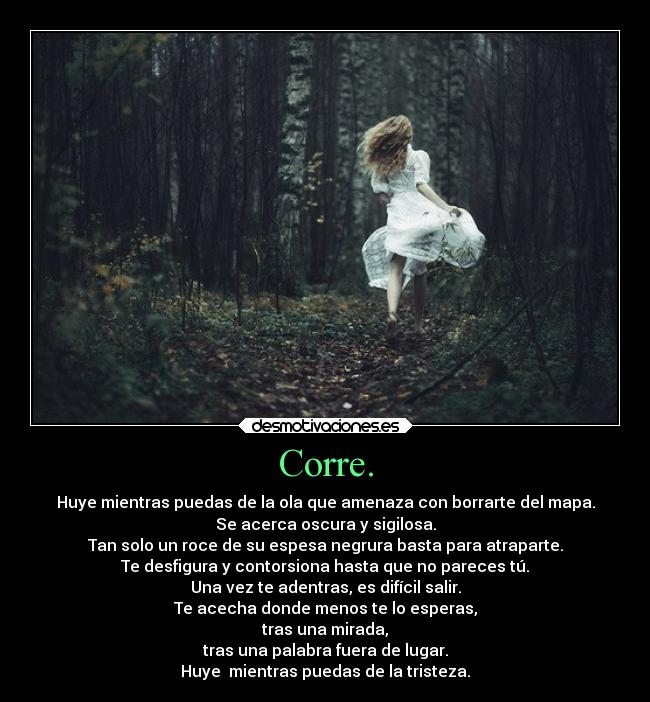 Corre. - Huye mientras puedas de la ola que amenaza con borrarte del mapa.
Se acerca oscura y sigilosa.
Tan solo un roce de su espesa negrura basta para atraparte.
Te desfigura y contorsiona hasta que no pareces tú.
Una vez te adentras, es difícil salir.
Te acecha donde menos te lo esperas,
tras una mirada,
tras una palabra fuera de lugar.
Huye mientras puedas de la tristeza.