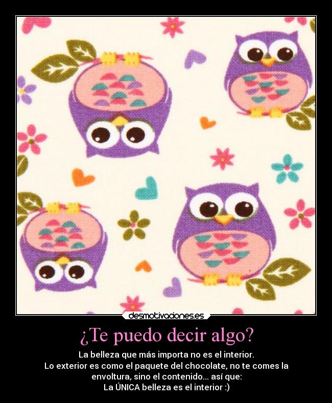 ¿Te puedo decir algo? - La belleza que más importa no es el interior.
Lo exterior es como el paquete del chocolate, no te comes la
envoltura, sino el contenido... así que:
La ÚNICA belleza es el interior :)