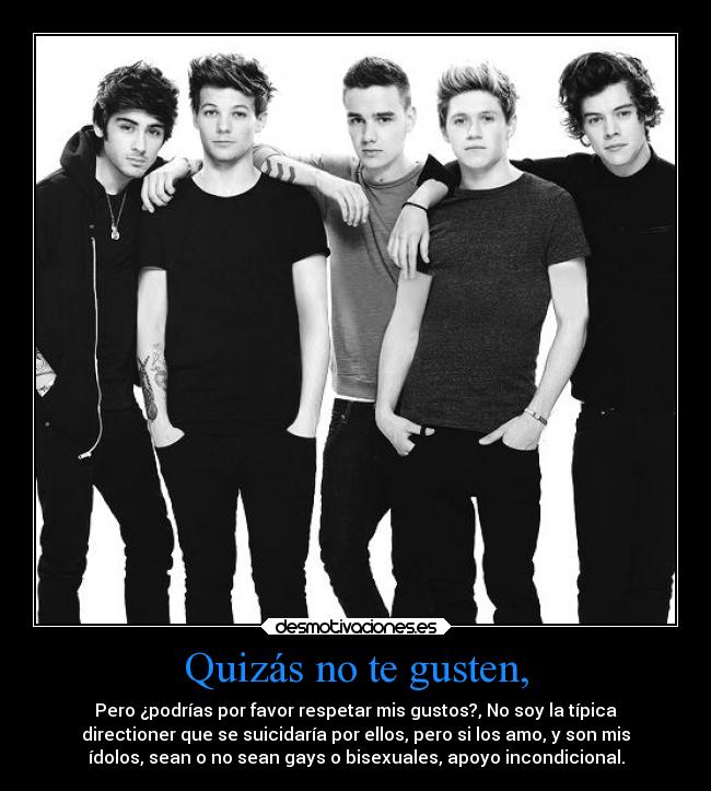 Quizás no te gusten, - Pero ¿podrías por favor respetar mis gustos?, No soy la típica
directioner que se suicidaría por ellos, pero si los amo, y son mis
ídolos, sean o no sean gays o bisexuales, apoyo incondicional.
