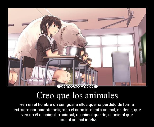 Creo que los animales - ven en el hombre un ser igual a ellos que ha perdido de forma
extraordinariamente peligrosa el sano intelecto animal, es decir, que
ven en él al animal irracional, al animal que ríe, al animal que
llora, al animal infeliz.