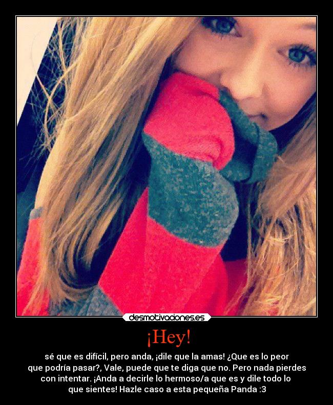 ¡Hey! - sé que es difícil, pero anda, ¡dile que la amas! ¿Que es lo peor
que podría pasar?, Vale, puede que te diga que no. Pero nada pierdes
con intentar. ¡Anda a decirle lo hermoso/a que es y dile todo lo
que sientes! Hazle caso a esta pequeña Panda :3