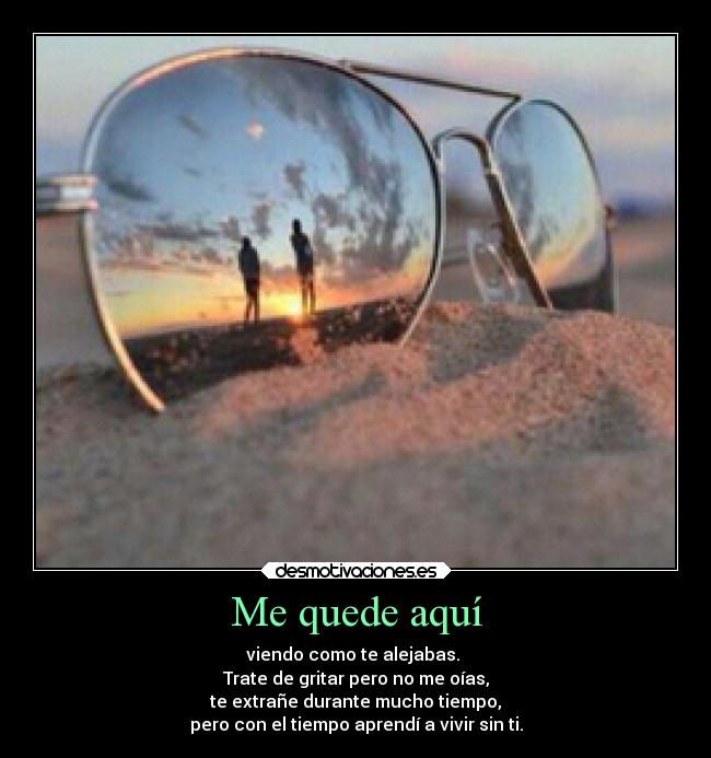 Me quede aquí - viendo como te alejabas.
Trate de gritar pero no me oías,
te extrañe durante mucho tiempo,
pero con el tiempo aprendí a vivir sin ti.