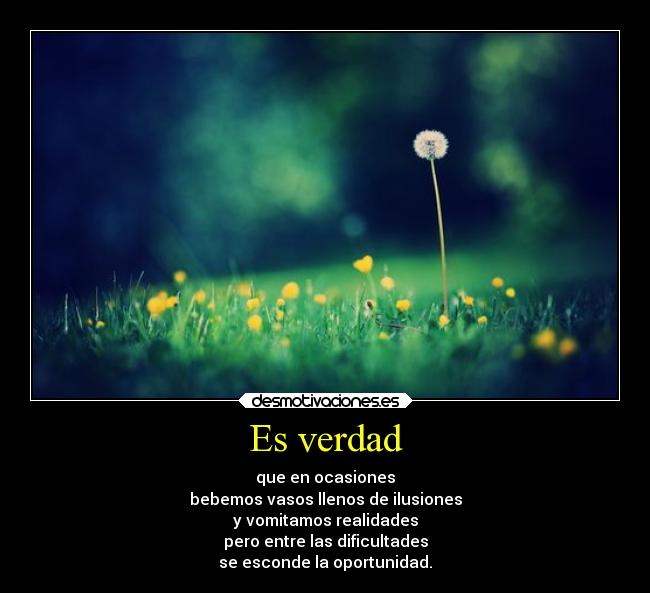 Es verdad - que en ocasiones
bebemos vasos llenos de ilusiones
y vomitamos realidades
pero entre las dificultades
se esconde la oportunidad.