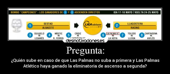 Pregunta: - ¿Quién sube en caso de que Las Palmas no suba a primera y Las Palmas
Atlético haya ganado la eliminatoria de ascenso a segunda?