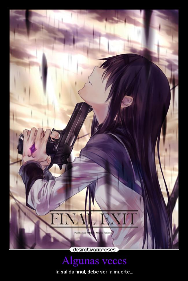 carteles muerte anime akemi homura suicidio desmotivaciones