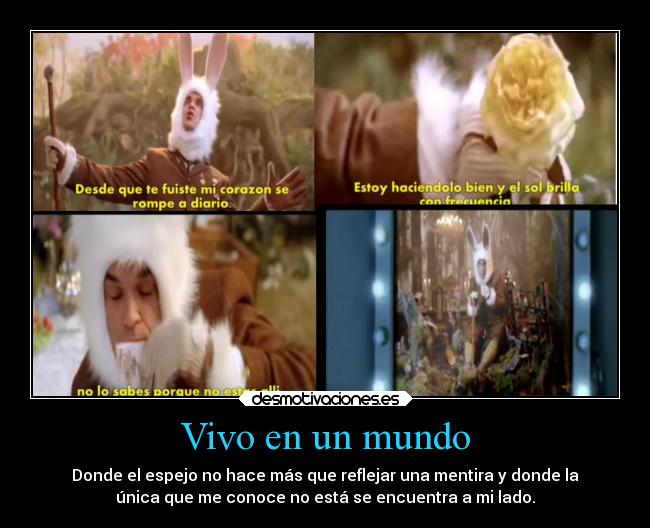 Vivo en un mundo - Donde el espejo no hace más que reflejar una mentira y donde la
única que me conoce no está se encuentra a mi lado.