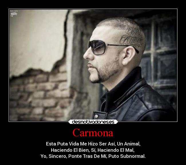 Carmona - Esta Puta Vida Me Hizo Ser Así, Un Animal,
Haciendo El Bien, Sí, Haciendo El Mal, 
Yo, Sincero, Ponte Tras De Mí, Puto Subnormal.