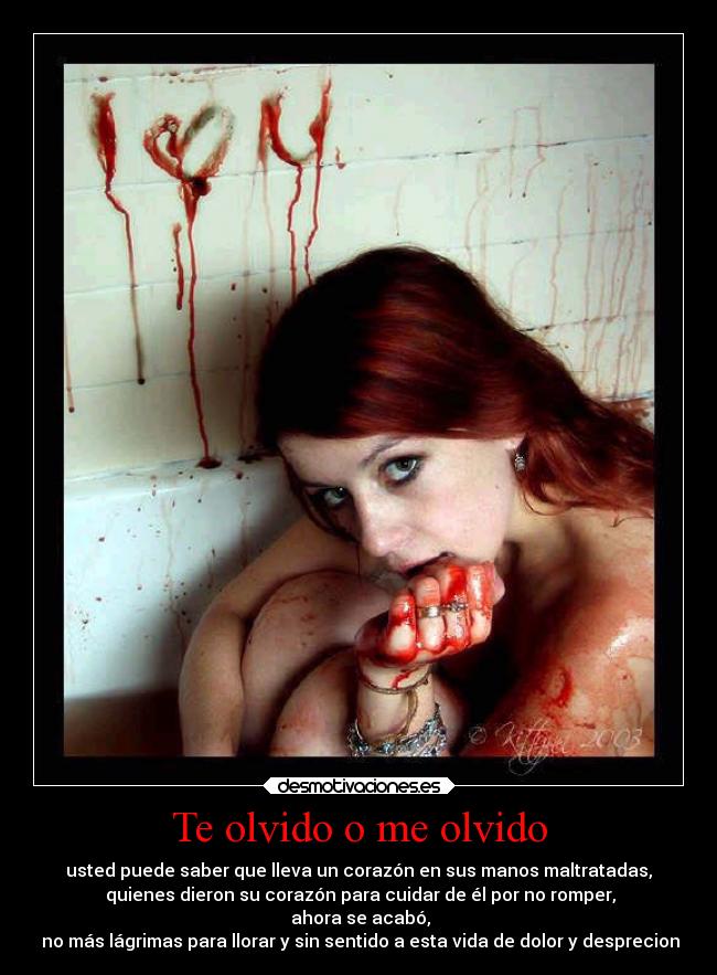 Te olvido o me olvido - usted puede saber que lleva un corazón en sus manos maltratadas,
quienes dieron su corazón para cuidar de él por no romper,
ahora se acabó,
no más lágrimas para llorar y sin sentido a esta vida de dolor y desprecion