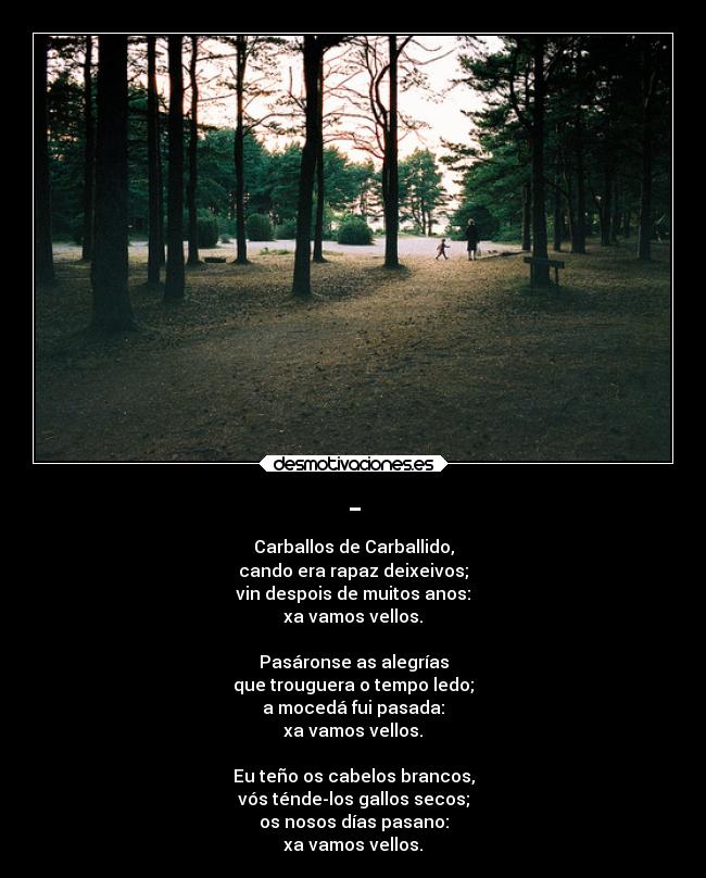 - - Carballos de Carballido,
cando era rapaz deixeivos;
vin despois de muitos anos:
xa vamos vellos.

Pasáronse as alegrías
que trouguera o tempo ledo;
a mocedá fui pasada:
xa vamos vellos.

Eu teño os cabelos brancos,
vós ténde-los gallos secos;
os nosos días pasano:
xa vamos vellos.