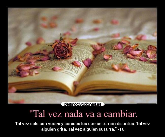 Tal vez nada va a cambiar. - Tal vez solo son voces y sonidos los que se tornan distintos. Tal vez
alguien grita. Tal vez alguien susurra. -16