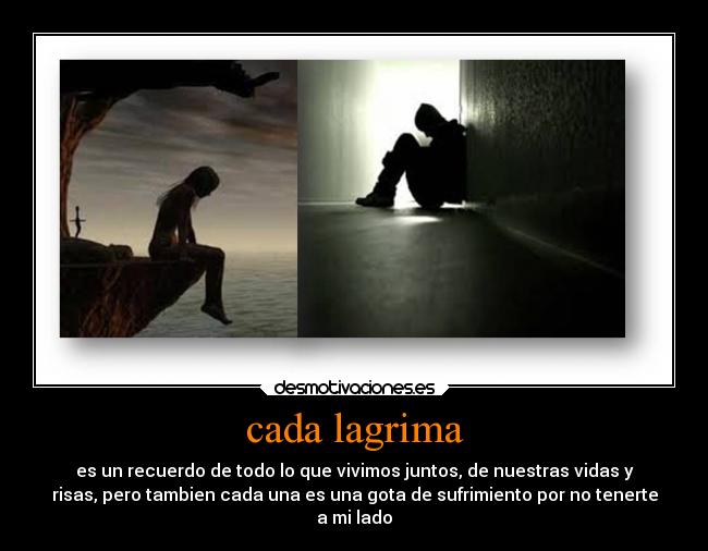 cada lagrima - es un recuerdo de todo lo que vivimos juntos, de nuestras vidas y
risas, pero tambien cada una es una gota de sufrimiento por no tenerte
a mi lado