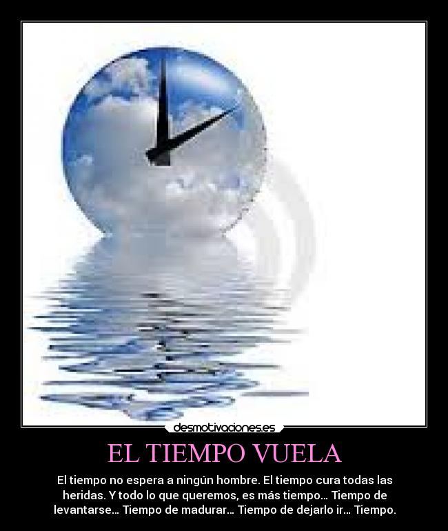 EL TIEMPO VUELA - El tiempo no espera a ningún hombre. El tiempo cura todas las
heridas. Y todo lo que queremos, es más tiempo… Tiempo de
levantarse… Tiempo de madurar… Tiempo de dejarlo ir… Tiempo.