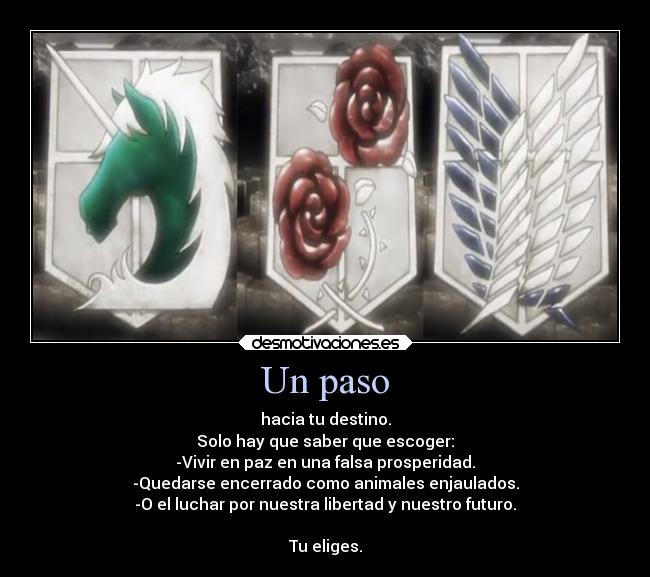 Un paso - hacia tu destino.
Solo hay que saber que escoger:
-Vivir en paz en una falsa prosperidad.
-Quedarse encerrado como animales enjaulados.
-O el luchar por nuestra libertad y nuestro futuro.

Tu eliges.