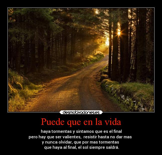 Puede que en la vida - haya tormentas y sintamos que es el final
pero hay que ser valientes, resistir hasta no dar mas
y nunca olvidar, que por mas tormentas
que haya al final, el sol siempre saldrá.