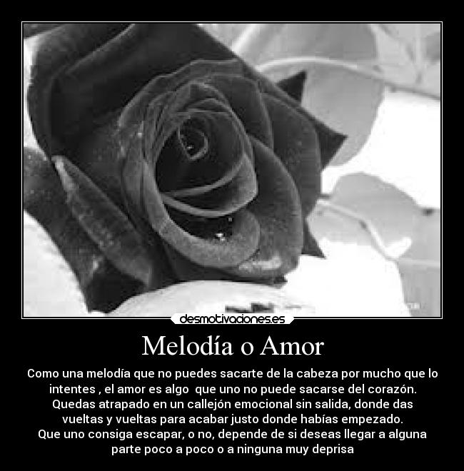 Melodía o Amor - Como una melodía que no puedes sacarte de la cabeza por mucho que lo
intentes , el amor es algo  que uno no puede sacarse del corazón.
Quedas atrapado en un callejón emocional sin salida, donde das
vueltas y vueltas para acabar justo donde habías empezado.
Que uno consiga escapar, o no, depende de si deseas llegar a alguna
parte poco a poco o a ninguna muy deprisa