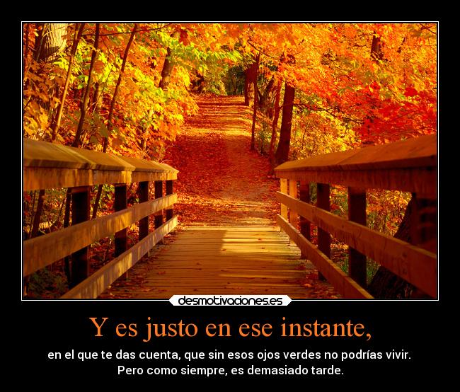 Y es justo en ese instante, - en el que te das cuenta, que sin esos ojos verdes no podrías vivir.
Pero como siempre, es demasiado tarde.