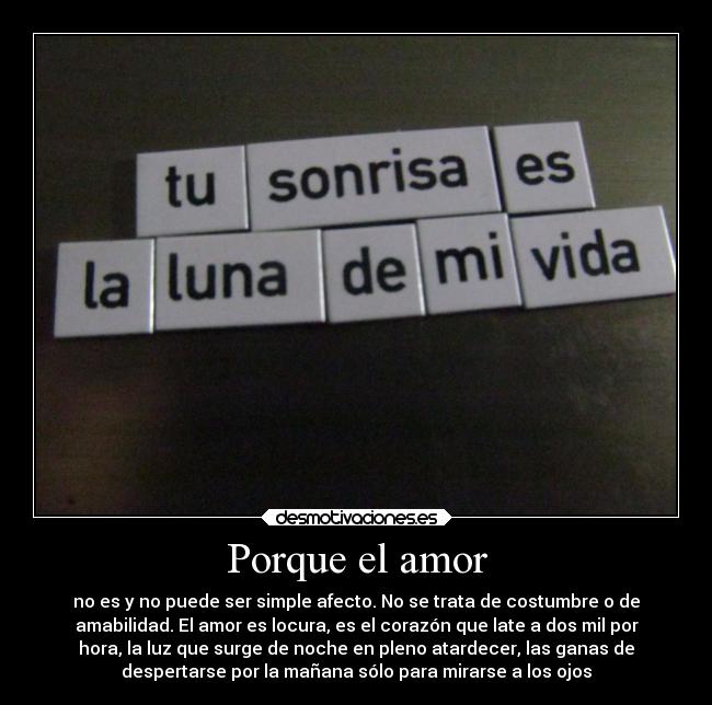 Porque el amor - no es y no puede ser simple afecto. No se trata de costumbre o de
amabilidad. El amor es locura, es el corazón que late a dos mil por
hora, la luz que surge de noche en pleno atardecer, las ganas de
despertarse por la mañana sólo para mirarse a los ojos