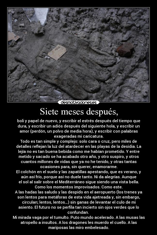 Siete meses después, - boli y papel de nuevo, y escribir el estrés después del tiempo que
dura, y escribir un adiós después del siguiente hola, y escribir un
amor (perdón, un polvo de media hora), y escribir con palabras
exageradas mi caricatura.
Todo es tan simple y complejo: solo cara o cruz, pero miles de
detalles reflejan la luz del atardecer en las playas de la desidia. La
lejía no es tan buena bebida como me habían prometido. Y entre
metido y sacado se ha acabado otro año, y otro suspiro, y otros
cuantos millones de vidas que ya no he tenido, y otras tantas
ocasiones para, sin querer, enamorarme.
El colchón en el suelo y las zapatillas apestando, que es verano, y
aún así frío, porque así no duele tanto. Ni da alegrías. Aunque
el sol al salir sobre el Mediterráneo sigue siendo una vista bella.
Como los momentos improvisados. Como este.
A las hadas las saludo y las despido en el aeropuerto (los trenes ya
son lentos para metáforas de esta vida ajetreada y, sin embargo,
circulan; lentos, lentos…) sin ganas de levantar el culo de mi
asiento. El futuro no se perfila tan incierto sin ojos verdes que lo
confundan.
Mi mirada vaga por el tumulto. Puto mundo acelerado. A las musas las
atropello a insultos. A los dragones les muerdo el cuello. A las
mariposas las miro embelesado.