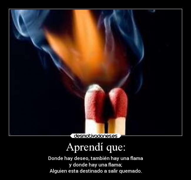 Aprendí que: - Donde hay deseo, también hay una flama
y donde hay una flama;
Alguien esta destinado a salir quemado.