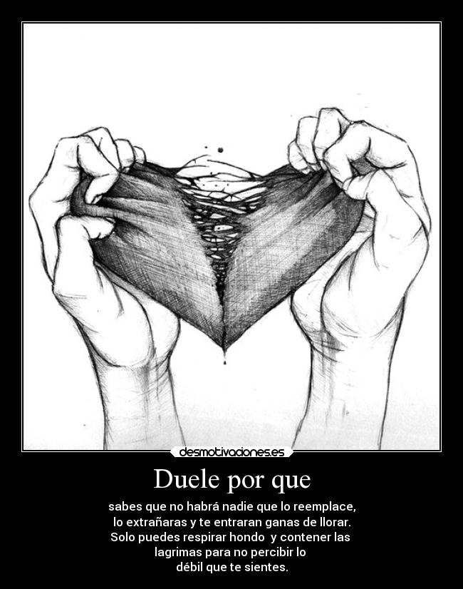 Duele por que - sabes que no habrá nadie que lo reemplace,
lo extrañaras y te entraran ganas de llorar.
Solo puedes respirar hondo y contener las
lagrimas para no percibir lo
débil que te sientes.