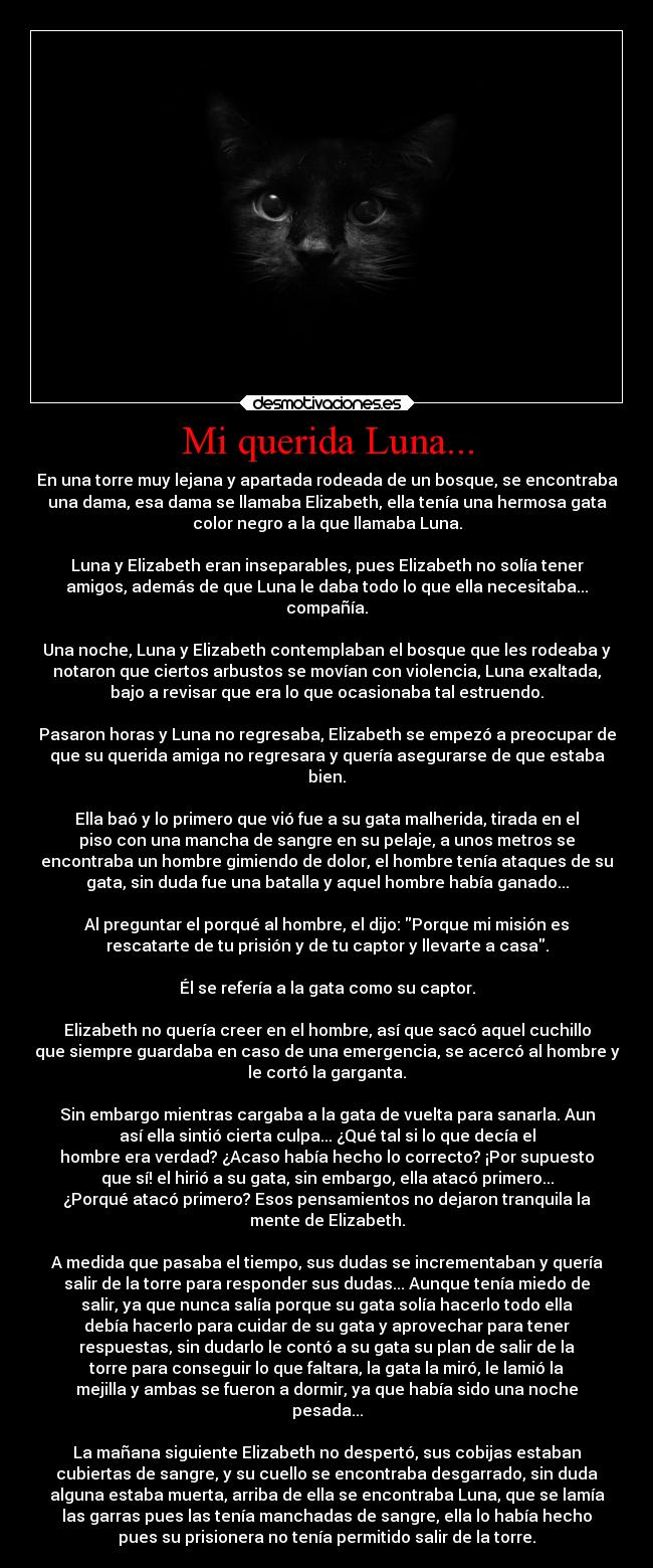 Mi querida Luna... - En una torre muy lejana y apartada rodeada de un bosque, se encontraba
una dama, esa dama se llamaba Elizabeth, ella tenía una hermosa gata
color negro a la que llamaba Luna.
Luna y Elizabeth eran inseparables, pues Elizabeth no solía tener
amigos, además de que Luna le daba todo lo que ella necesitaba...
compañía.
Una noche, Luna y Elizabeth contemplaban el bosque que les rodeaba y
notaron que ciertos arbustos se movían con violencia, Luna exaltada,
bajo a revisar que era lo que ocasionaba tal estruendo.
Pasaron horas y Luna no regresaba, Elizabeth se empezó a preocupar de
que su querida amiga no regresara y quería asegurarse de que estaba
bien.
Ella baó y lo primero que vió fue a su gata malherida, tirada en el
piso con una mancha de sangre en su pelaje, a unos metros se
encontraba un hombre gimiendo de dolor, el hombre tenía ataques de su
gata, sin duda fue una batalla y aquel hombre había ganado...
Al preguntar el porqué al hombre, el dijo: Porque mi misión es
rescatarte de tu prisión y de tu captor y llevarte a casa.
Él se refería a la gata como su captor.
Elizabeth no quería creer en el hombre, así que sacó aquel cuchillo
que siempre guardaba en caso de una emergencia, se acercó al hombre y
le cortó la garganta.
Sin embargo mientras cargaba a la gata de vuelta para sanarla. Aun
así ella sintió cierta culpa... ¿Qué tal si lo que decía el
hombre era verdad? ¿Acaso había hecho lo correcto? ¡Por supuesto
que sí! el hirió a su gata, sin embargo, ella atacó primero...
¿Porqué atacó primero? Esos pensamientos no dejaron tranquila la
mente de Elizabeth.
A medida que pasaba el tiempo, sus dudas se incrementaban y quería
salir de la torre para responder sus dudas... Aunque tenía miedo de
salir, ya que nunca salía porque su gata solía hacerlo todo ella
debía hacerlo para cuidar de su gata y aprovechar para tener
respuestas, sin dudarlo le contó a su gata su plan de salir de la
torre para conseguir lo que faltara, la gata la miró, le lamió la
mejilla y ambas se fueron a dormir, ya que había sido una noche
pesada...
La mañana siguiente Elizabeth no despertó, sus cobijas estaban
cubiertas de sangre, y su cuello se encontraba desgarrado, sin duda
alguna estaba muerta, arriba de ella se encontraba Luna, que se lamía
las garras pues las tenía manchadas de sangre, ella lo había hecho
pues su prisionera no tenía permitido salir de la torre.