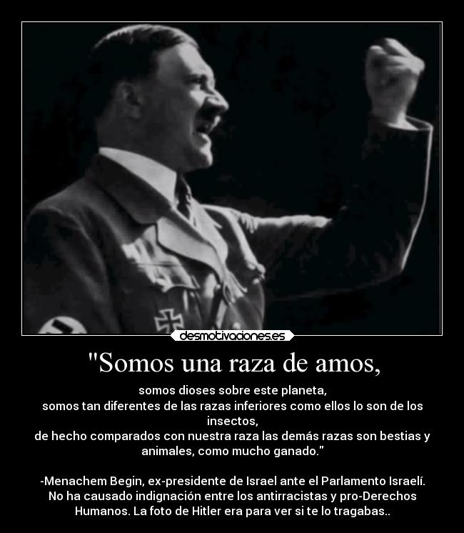 Somos una raza de amos, - somos dioses sobre este planeta,
somos tan diferentes de las razas inferiores como ellos lo son de los
insectos,
de hecho comparados con nuestra raza las demás razas son bestias y
animales, como mucho ganado.

-Menachem Begin, ex-presidente de Israel ante el Parlamento Israelí.
No ha causado indignación entre los antirracistas y pro-Derechos
Humanos. La foto de Hitler era para ver si te lo tragabas..