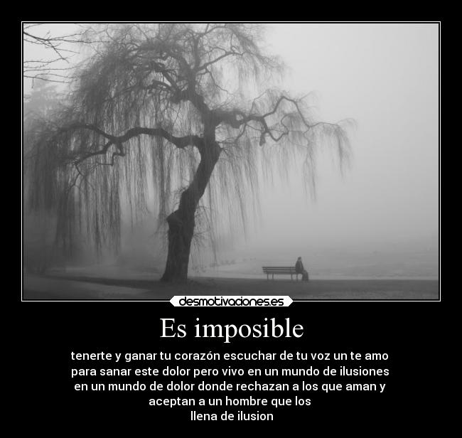 Es imposible - tenerte y ganar tu corazón escuchar de tu voz un te amo
para sanar este dolor pero vivo en un mundo de ilusiones
en un mundo de dolor donde rechazan a los que aman y
aceptan a un hombre que los
llena de ilusion