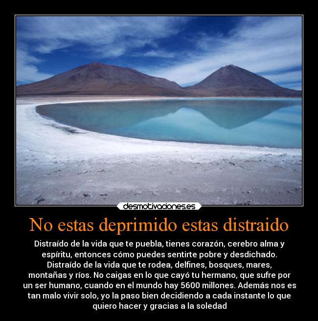 No estas deprimido estas distraido - Distraído de la vida que te puebla, tienes corazón, cerebro alma y
espíritu, entonces cómo puedes sentirte pobre y desdichado.
Distraído de la vida que te rodea, delfines, bosques, mares,
montañas y ríos. No caigas en lo que cayó tu hermano, que sufre por
un ser humano, cuando en el mundo hay 5600 millones. Además nos es
tan malo vivir solo, yo la paso bien decidiendo a cada instante lo que
quiero hacer y gracias a la soledad