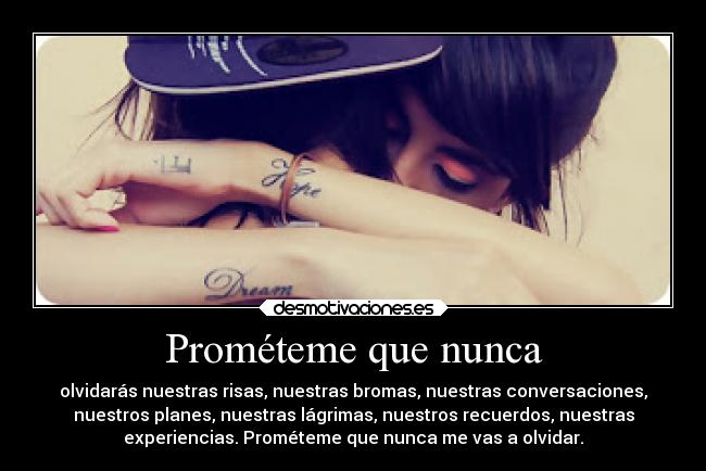 Prométeme que nunca - olvidarás nuestras risas, nuestras bromas, nuestras conversaciones,
nuestros planes, nuestras lágrimas, nuestros recuerdos, nuestras
experiencias. Prométeme que nunca me vas a olvidar.