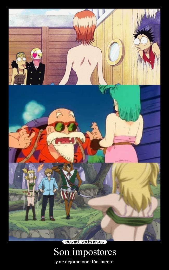 carteles tetas anime one piece dragon ball fairy tail luffy sanji roshi oolong lucy heartaphilia seno oppai desmotivaciones