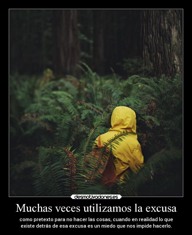 Muchas veces utilizamos la excusa - como pretexto para no hacer las cosas, cuando en realidad lo que
existe detrás de esa excusa es un miedo que nos impide hacerlo.