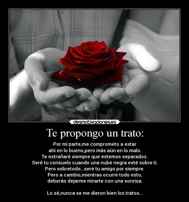 Te propongo un trato: - Por mi parte,me comprometo a estar
ahí en lo bueno,pero más aún en lo malo.
Te extrañaré siempre que estemos separados.
Seré tu consuelo cuando una nube negra esté sobre ti.
Pero sobretodo...seré tu amigo por siempre.
Pero a cambio,mientras ocurre todo esto,
deberás dejarme mirarte con una sonrisa.

Lo sé,nunca se me dieron bien los tratos...